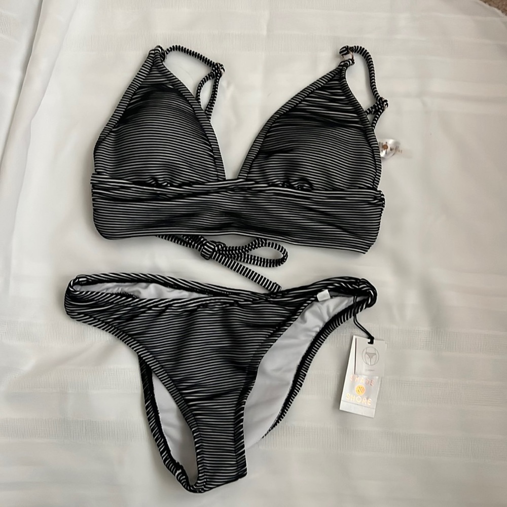 Shade & Shore | Size Medium Striped Bikini Top with Matching Size Small Bottoms